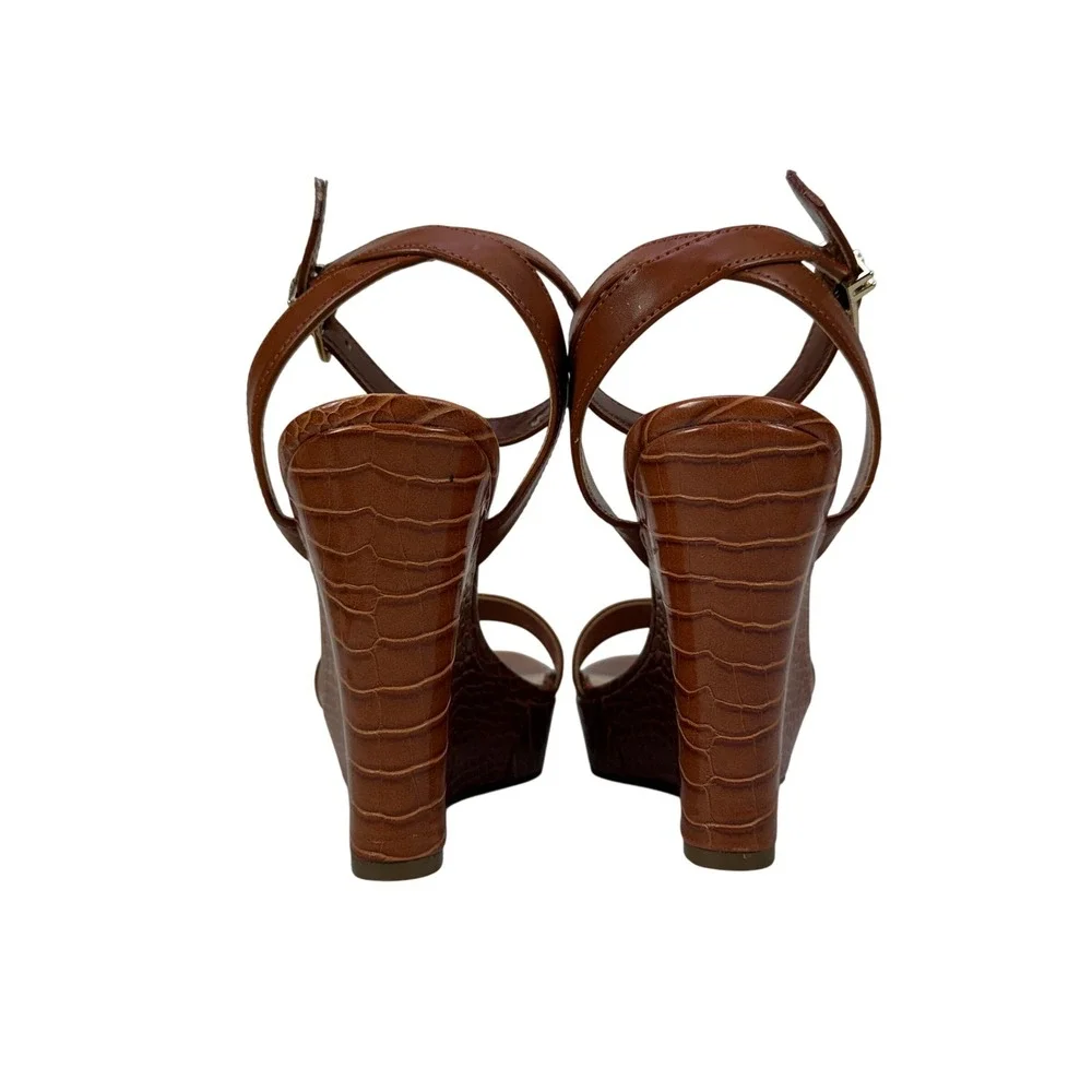 Guess Tales  Wedge Sandals Womens 9 Cognac Brown Croc Embossed Platform Open Toe